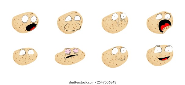 Potato. Emotions. Stickers. Memes. Set. Vector illustration