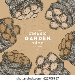 Potato engraved farm design template. Bag of potatoes. Vector illustration