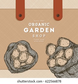 Potato engraved farm design template. Bag of potatoes. Vector illustration