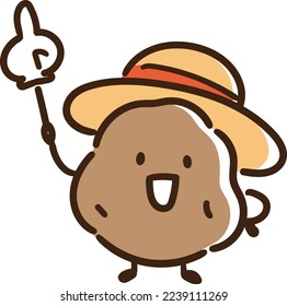 A potato with a facial expression wearing a straw hat and holding a pointing stick