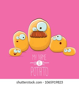 Potato Family Cartoon Characters Isolated On Pink Background. My Name Is Potato Vector Concept Illustration. Funky Father Potato With Little Son Kids Potatoes