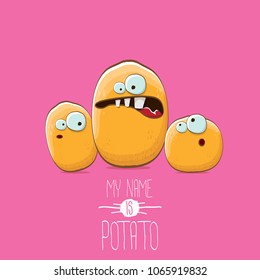 potato family cartoon characters isolated on pink background. My name is potato vector concept illustration. funky father potato with little son kids potatoes