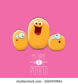 Potato Family Cartoon Characters Isolated On Pink Background. My Name Is Potato Vector Concept Illustration. Funky Father Potato With Little Son Kids Potatoes