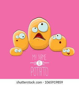 potato family cartoon characters isolated on pink background. My name is potato vector concept illustration. funky father potato with little son kids potatoes