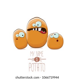 potato family cartoon characters isolated on white background. My name is potato vector concept illustration. funky father potato with little son kids potatoes