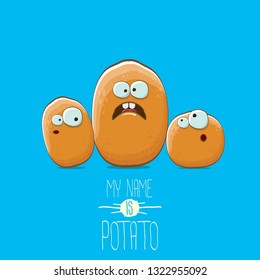 potato family cartoon characters isolated on blue background. My name is potato vector concept illustration. funky father potato with little son kids potatoes