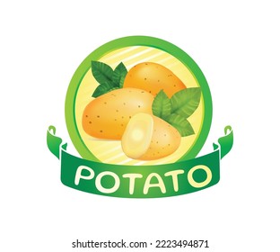 Potato farm logo design inspiration with half a potato, tubers and leaves icons. Suitable for fresh potatoes, fresh farm vegetables, organic food, healthy food, vegan food, agricultural products.
