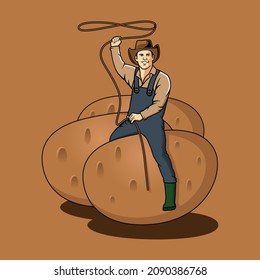 A Potato Farmer Riding His Potato, With A Lasso Rope In His Hand. On The Hunt For Potatoes. Suitable For Your Business Logo Recommendation, Or For Other Purposes