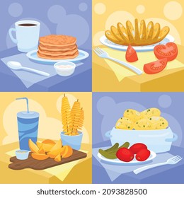Potato flat 2x2 set of square compositions with served meals made from potatoes with drinks vegetables vector illustration