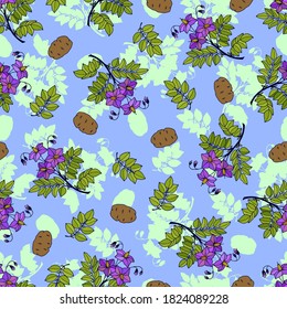 Potato flowers and vegetable seamless pattern. Vector stock illustration eps10.