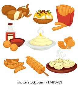 Potato food dishes snacks and cooked products vector flat icons