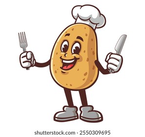 Potato with fork and knife,  Cartoon Mascot Illustration Character Vector Clip-art Hand-drawn Logo Design