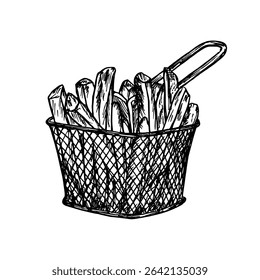 Potato french fries in a deep fryer sketch drawing illustration, fast food hand-drawn vector clipart. potato chips and slices in engraving style