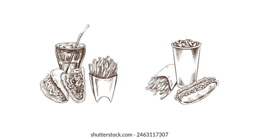 Potato french fries, hot dog, tacos, drinks, set. Hand-drawn sketches of street food, takeaway food, fast food, junk food and drinks. Retro vector illustrations collection isolated. 