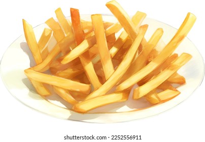 Potato French Fries on Plate Detailed Hand Drawn Illustration Vector Isolated