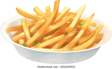 Potato French Fries on Plate Detailed Hand Drawn Illustration Vector Isolated