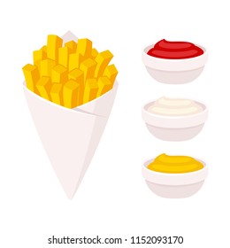 Potato French fries in paper cone with dipping sauce: ketchup, mayonnaise and mustard. Traditional fast food isolated vector illustration.