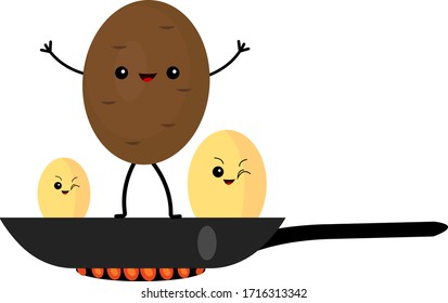 Potato fried in a pan funny cartoon characters with cute smiles objects on a white background