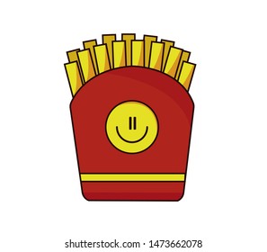 Potato fries in bright red packaging with a smile on it. Stock vector illustration on a white background. Cartoon style.