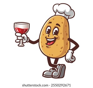 Potato with a glass of drink,  Cartoon Mascot Illustration Character Vector Clip-art Hand-drawn Logo Design