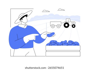 Ilustraciones vectoriales de dibujos animados aislados de cultivo de papas. Agricultor con patatas en el campo, industria agrícola, trabajo de agronegocios, sector de procesamiento y manufactura, dibujos animados de Vectores de cultivo de verduras.