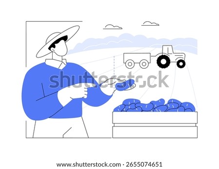 Potato growing isolated cartoon vector illustrations. Farmer with potatoes on field, agriculture industry, agribusiness job, processing-manufacturing sector, vegetable growing vector cartoon.
