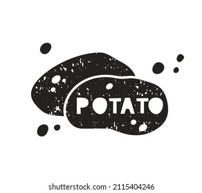 Potato Grunge Sticker. Black Texture Silhouette With Lettering Inside. Imitation Of Stamp, Print With Scuffs. Hand Drawn Isolated Illustration On White Background