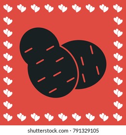 Potato icon flat. Simple black pictogram on red background with white hearts for valentines day. Vector illustration symbol