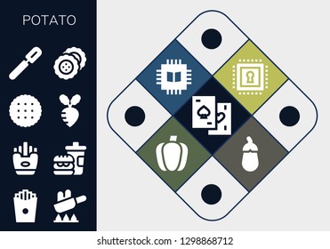  potato icon set. 13 filled potato icons. Simple modern icons about  - Chips, French fries, Fry, Fries, Fast food, Biscuit, Turnip, Peeler, Chip, Paprika, Aubergine
