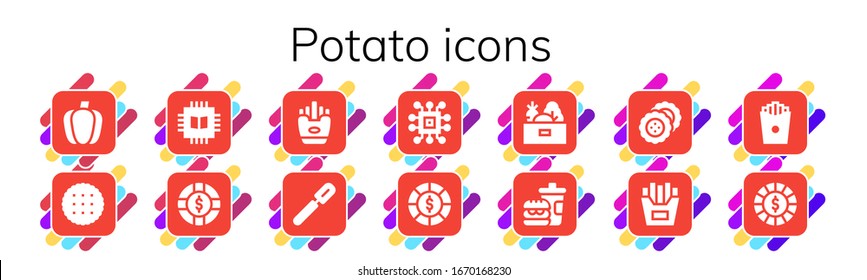 potato icon set. 14 filled potato icons. Included Paprika, Biscuit, Chip, Fries, Peeler, Chips, Vegetables, Fast food, French fries icons