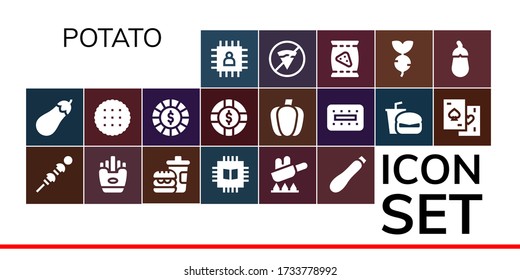 Kartoffelsymbol 19 gefüllt Kartoffelsymbole. Inbegriffen Chip, Eggplant, Gemüse, Fritten, Fast Food, Fry, Courgette, Biscuit, Paprika, Chips, Fast Food, Turnip, Eggplant Icons