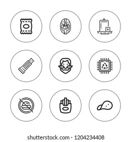 Potato icon set. collection of 9 outline potato icons with chip, chips, fries, ginger, no fast food, potato peeling icons. editable icons.