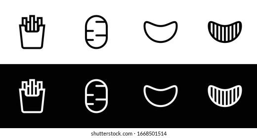 Potato icon set. Flat design icon collection isolated on black and white background. French fries, raw potato, and chip.