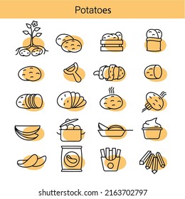 Potato Icon Set. Hand Drawn doodle Icons. French fries, chips, frying pan, saucepan, knife. Vector illustration.