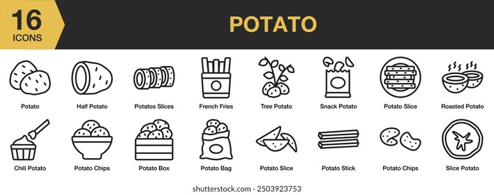Potato icon set. Includes half potato, slice potato, snack, tree, chip, french fries, and More. Outline icons vector collection.