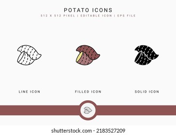 Potato icons set vector illustration with solid icon line style. Vegetable healthy concept. Editable stroke icon on isolated background for web design, user interface, and mobile application