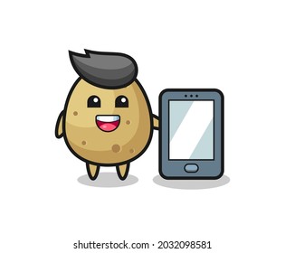 potato illustration cartoon holding a smartphone , cute style design for t shirt, sticker, logo element
