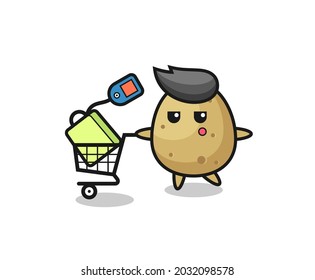 potato illustration cartoon with a shopping cart , cute style design for t shirt, sticker, logo element