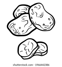 Potato isolated on white background. Full Potato and slice. Vector hand drawn outline illustration. Ingredient for cooking. Harvest. Farm vegetable.