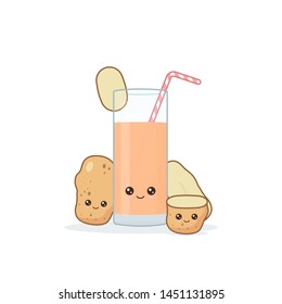 potato juice. Cute kawai smiling cartoon juice with slices in a glass with juice straw.
