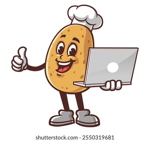 Potato with laptop,  Cartoon Mascot Illustration Character Vector Clip-art Hand-drawn Logo Design