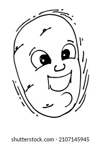 Potato laughs. Funny Face. Cheerful drawing of fruit. Hand drawing outline. Sketch Isolated on white background. Vector.