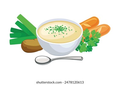 Potato leek soup vector illustration. Bowl of leek soup icon set vector isolated on a white background. Potato leek soup, parsley and baguette drawing