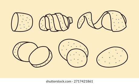 Potato Line Art Vector Set - Umriss Ganze, geschnitten und geschält Kartoffel Illustration für Lebensmittel, Menü und Verpackung Design
