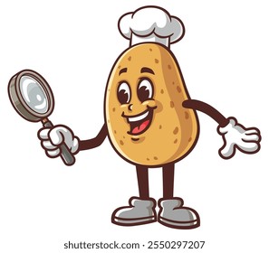 Potato with magnifying glass,  Cartoon Mascot Illustration Character Vector Clip-art Hand-drawn Logo Design