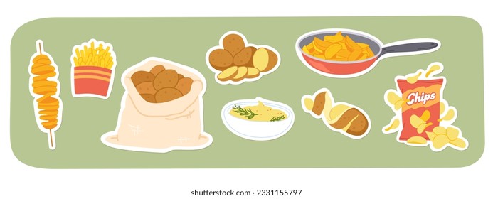 Potato mash, chips, french fries products stickers. Raw potatoes in sack, fried in pan, boiled, whole and sliced root vegetables set. Organic food ingredient, cooking flat vector illustration