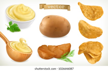 Potato, mash and chips. Vegetable. 3d vector icon set