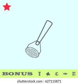 Potato masher icon flat. Grey pictogram on blue background. Vector illustration symbol and bonus buttons medal, cow, earth, eye, calculator