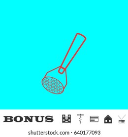 Potato masher icon flat. Red pictogram on blue background. Vector illustration symbol and bonus buttons Music center, corkscrew, credit card, house, drum