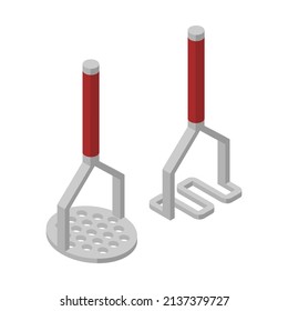 Potato masher isometric icon. Hand drawn vector illustration isolated on white. Flat color design.